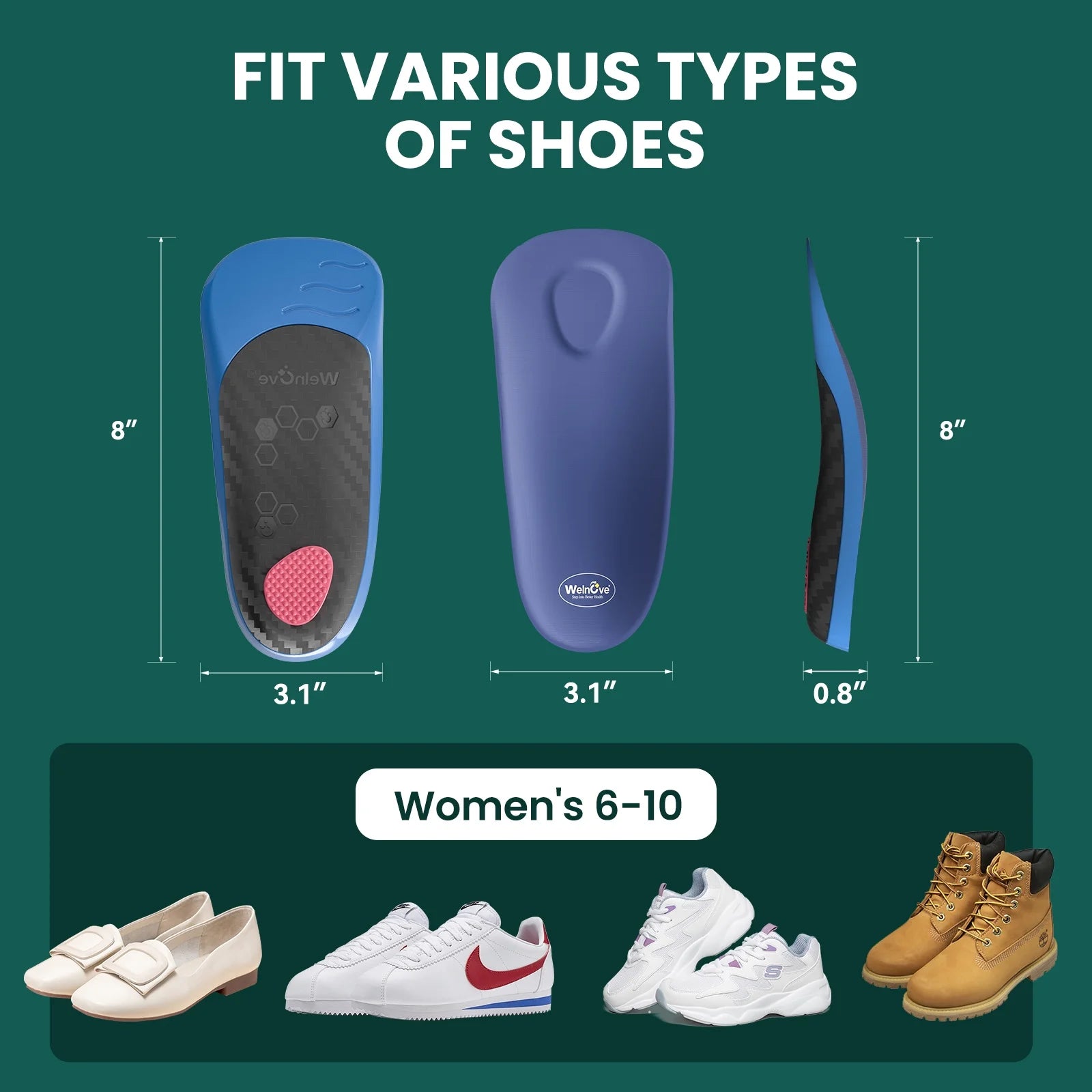 Semi-Rigid Arch Support Inserts for Men Women - Work Boot Insole for Walking or Standing All Days,3/4 Length Heel Pain Relief Insert for Flat Feet,Shoe Insoles for Women 6-10